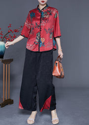 Red Patchwork Silk Two Pieces Set Mandarin Collar Print Half Sleeve