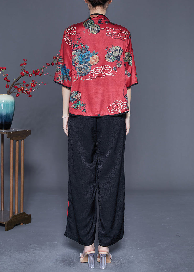 Red Patchwork Silk Two Pieces Set Mandarin Collar Print Half Sleeve