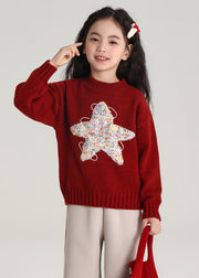 Red Patchwork Thick Cotton Knit Girls Sweater Spring