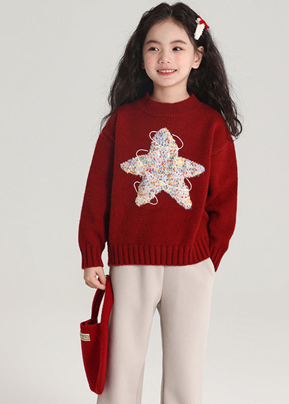 Red Patchwork Thick Cotton Knit Girls Sweater Spring