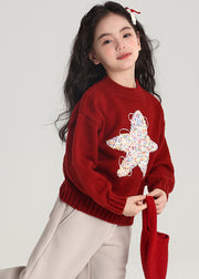 Red Patchwork Thick Cotton Knit Girls Sweater Spring