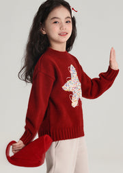 Red Patchwork Thick Cotton Knit Girls Sweater Spring