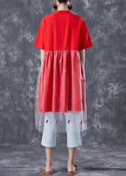 Red Patchwork Tulle Cotton Maxi Dresses Embroideried Summer