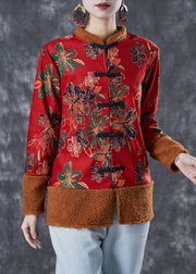 Red Patchwork Warm Fleece Jackets Chinese Button Winter