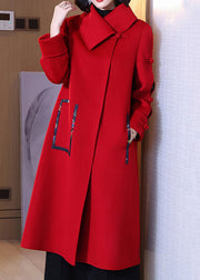 Red Patchwork Wool Long Coats Peter Pan Collar Spring