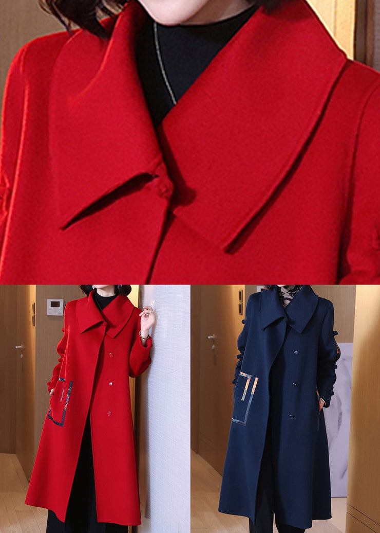 Red Patchwork Wool Long Coats Peter Pan Collar Spring