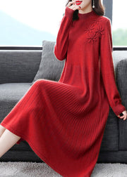 Red Patchwork Woolen Dress Embroidered Turtleneck Fall