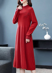 Red Patchwork Woolen Dress Embroidered Turtleneck Fall