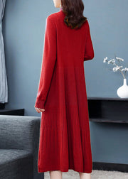 Red Patchwork Woolen Dress Embroidered Turtleneck Fall