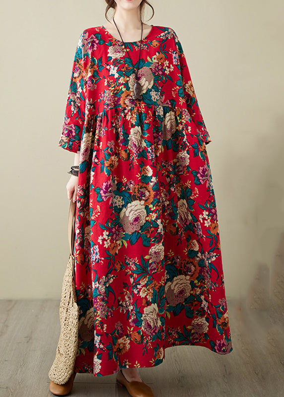 Red Patchwork Wrinkled Maxi Dress Long Sleeve