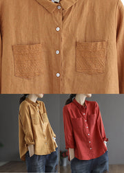 Red Peter Pan Collar Low High Design Linen Shirt Long Sleeve