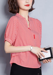 Red Plaid Chiffon Blouses Oversized Wrinkled Short sleeve