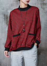 Red Plaid Cotton Pullover Sweatshirt Stand Collar Spring