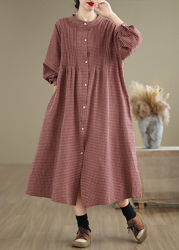 Red Plaid Cotton Shirts Dresses Stand Collar Button Spring