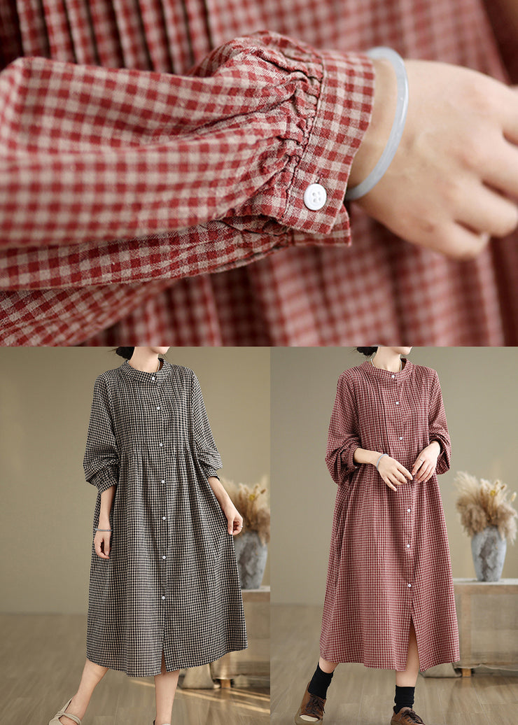 Red Plaid Cotton Shirts Dresses Stand Collar Button Spring