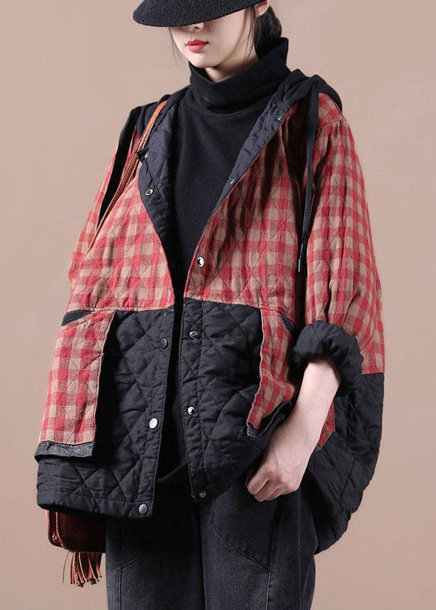 Red Plaid Patchwork Women Winter Parkas