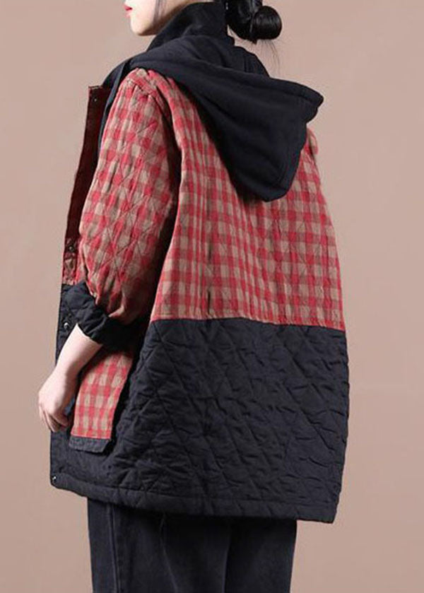 Red Plaid Patchwork Women Winter Parkas