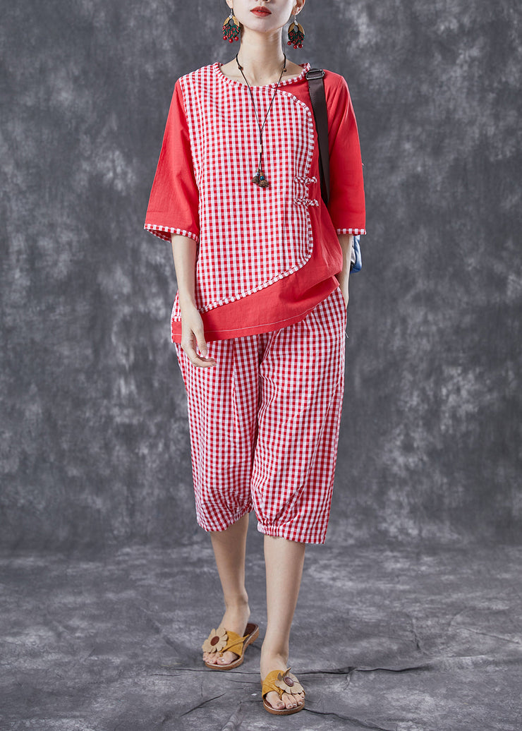 Red Plaid Patchwork Linen Two-Piece Set Chinese Button Summer