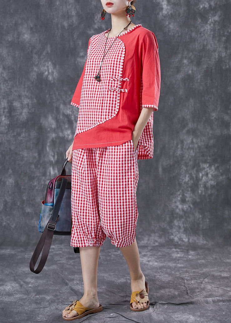 Red Plaid Patchwork Linen Two-Piece Set Chinese Button Summer