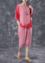 Red Plaid Patchwork Linen Two-Piece Set Chinese Button Summer