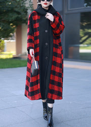 Red Plaid Patchwork Woolen Long Coats Hooded Winter