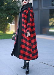 Red Plaid Patchwork Woolen Long Coats Hooded Winter