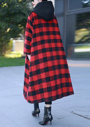 Red Plaid Patchwork Woolen Long Coats Hooded Winter