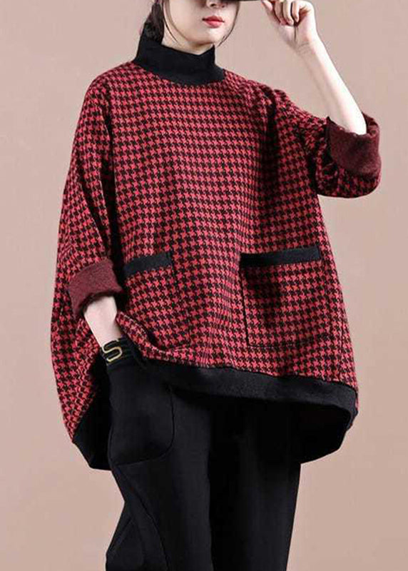 Red Plaid Turtleneck Pocket Tops Long Sleeve