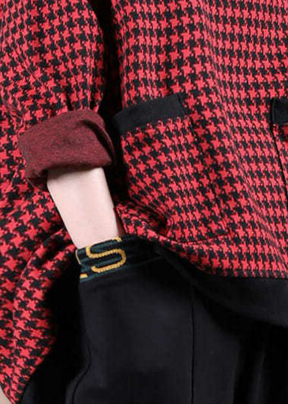 Red Plaid Turtleneck Pocket Tops Long Sleeve