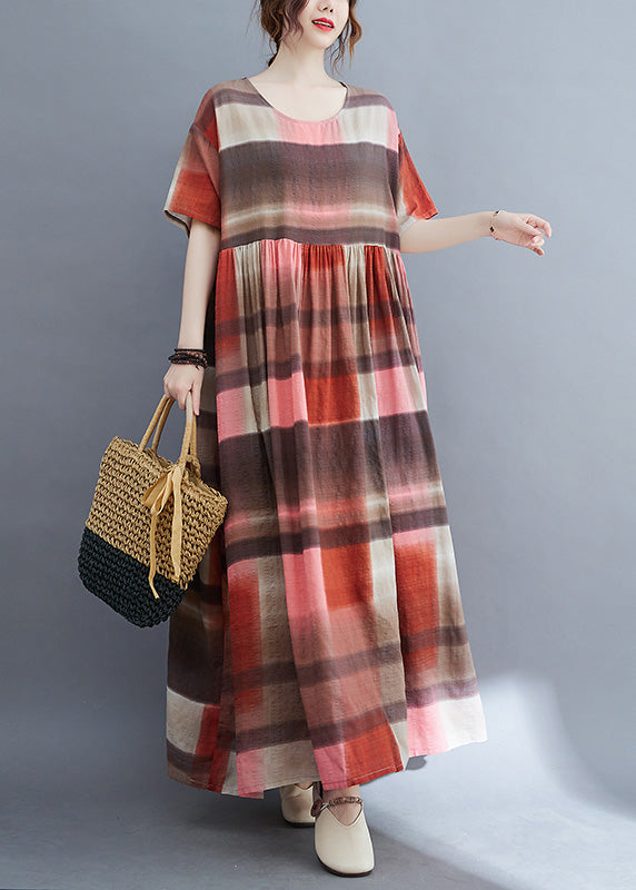 Red Plaid Wrinkled Long Dress Short Sleeve