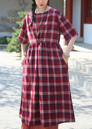 Red Plaid Wrinkled Patchwork Cotton Dresses O Neck Half Sleeve