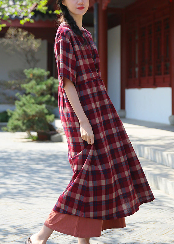 Red Plaid Wrinkled Patchwork Cotton Dresses O Neck Half Sleeve