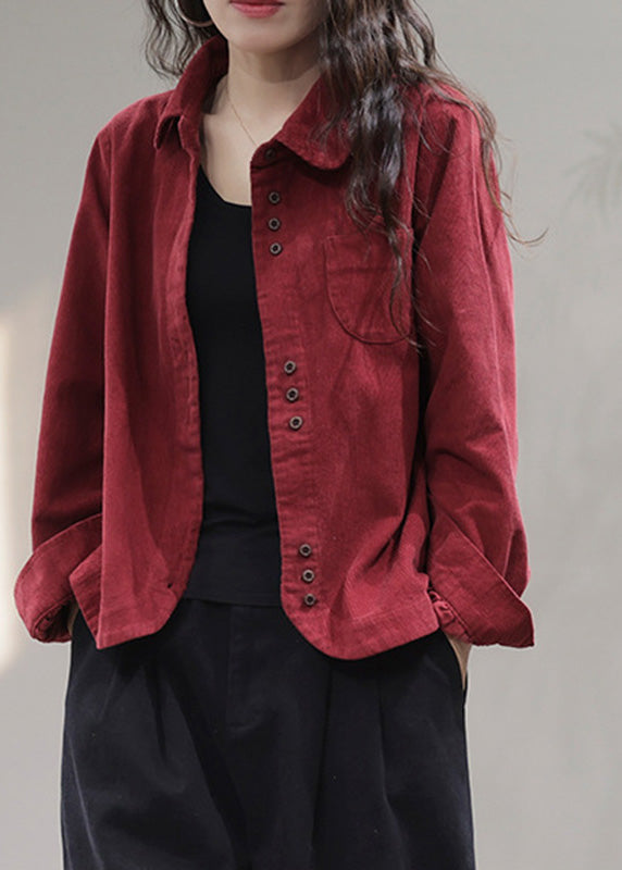 Red Pockets Button Solid Corduroy Coat Spring