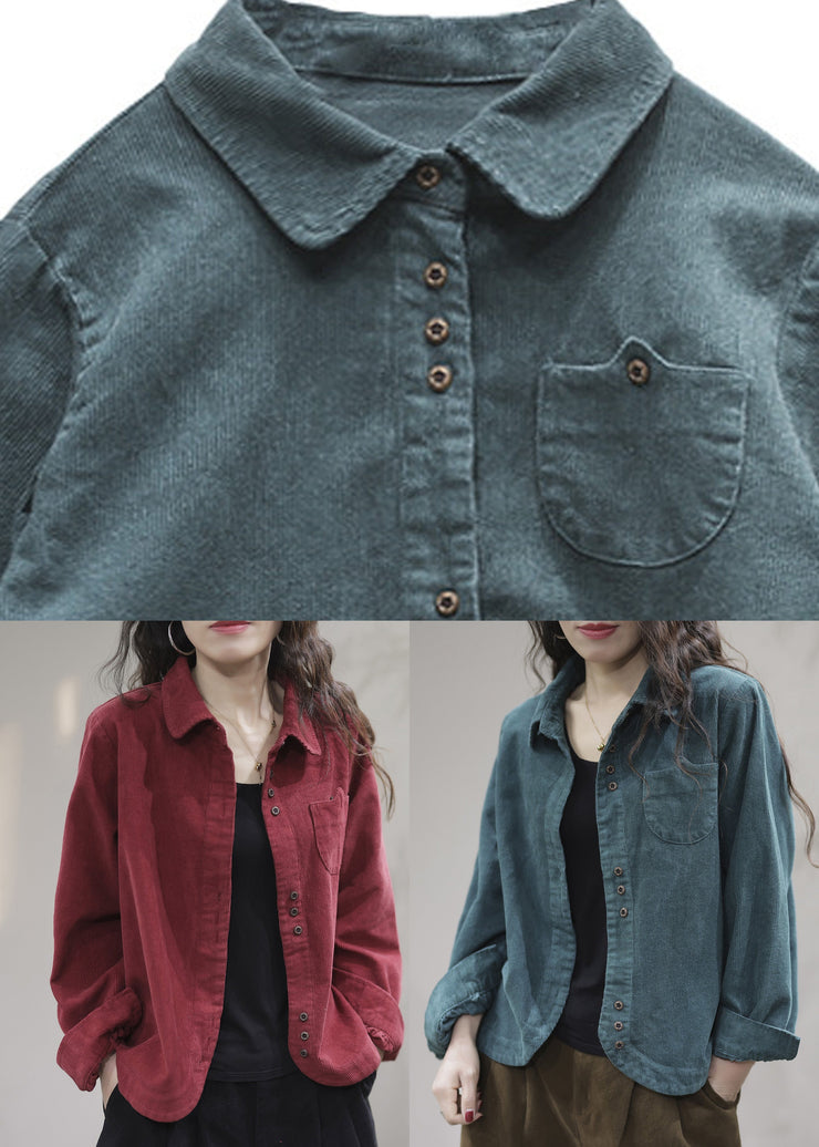 Red Pockets Button Solid Corduroy Coat Spring