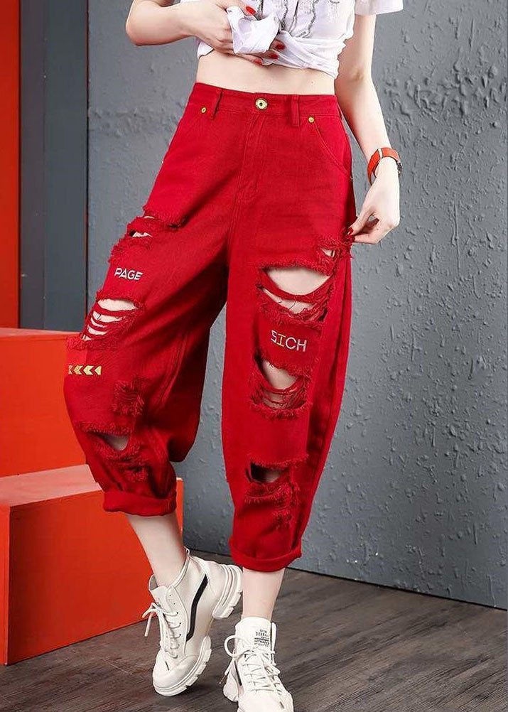 Red Pockets Cotton Crop Pants Letter Embroideried Hole Summer