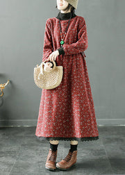 Red Pockets Fleece Long Dresses Turtleneck Long Sleeve