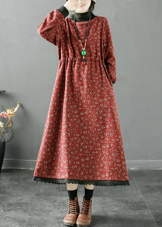 Red Pockets Fleece Long Dresses Turtleneck Long Sleeve