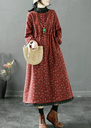 Red Pockets Fleece Long Dresses Turtleneck Long Sleeve