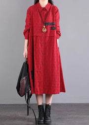 Red Pockets Patchwork Cotton Shirts Dresses Peter Pan Collar Fall