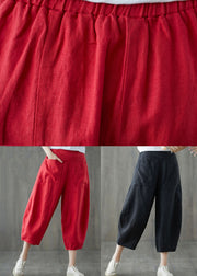 Red Pockets Patchwork Linen Crop Pants Elastic Waist Summer