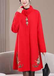 Red Pockets Zircon Wool Spring Coats Stand Collar