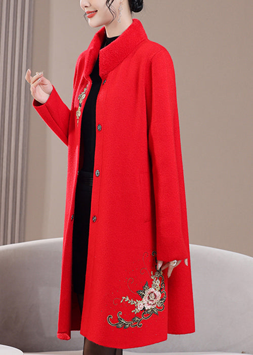 Red Pockets Zircon Wool Spring Coats Stand Collar