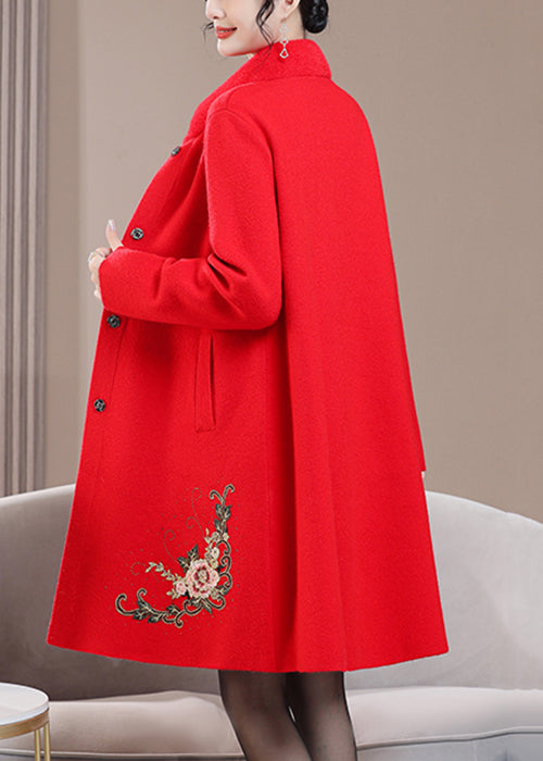 Red Pockets Zircon Wool Spring Coats Stand Collar