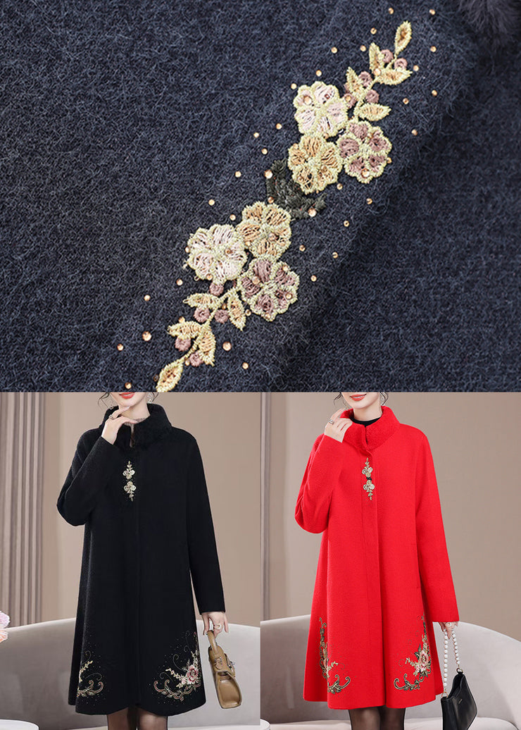 Red Pockets Zircon Wool Spring Coats Stand Collar