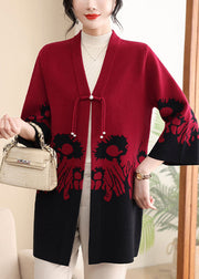 Red Print Button Cotton Knit Cardigan Bracelet Sleeve