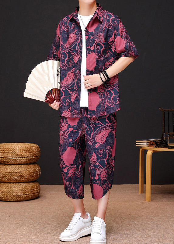 Red Print Button Ice Silk Men Shirt And Crop Pants Two Piece Set Summer