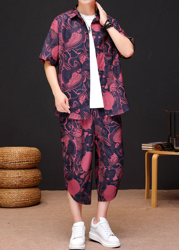 Red Print Button Ice Silk Men Shirt And Crop Pants Two Piece Set Summer