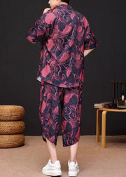 Red Print Button Ice Silk Men Shirt And Crop Pants Two Piece Set Summer