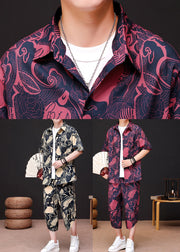 Red Print Button Ice Silk Men Shirt And Crop Pants Two Piece Set Summer