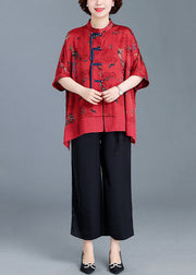 Red Print Button Patchwork Silk Two Piece Set Stand Collar Summer